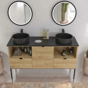 ELLA meuble de salle de bain sur pieds 2 tiroirs – 1 porte avec dessus en SOLID SURFACE finition CHÊNE CLAIR