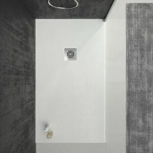 Base de duche em resina ONE Branco RAL 9003 e outras cores com textura ardósia antibacteriana e antiderrapante. grade de aço inoxidável