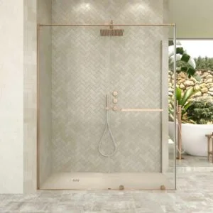 Paroi de douche rectangulaire VERONA ouverture frontale 1 fixe - 1 porte coulissante avec roulettes inférieures + 1 fixe finition CUIVRE