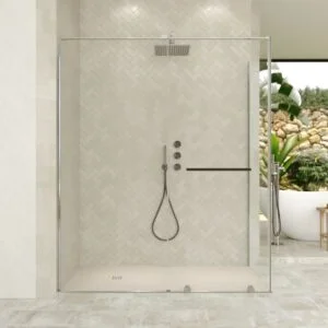 Paroi de douche rectangulaire VERONA ouverture frontale 1 fixe - 1 porte coulissante avec roulettes inférieures + 1 fixe finition CHROME BRILLANT