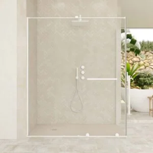 Paroi de douche rectangulaire VERONA ouverture frontale 1 fixe - 1 porte coulissante avec roulettes inférieures + 1 fixe finition BLANC MAT