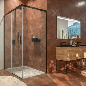 Paroi de douche BASIC rectangulaire ouverture frontale 1 fixe - 1 porte coulissante + 1 fixe. Pas de profil inférieur. Avec traitement anti-calcaire Finition NOIR MAT
