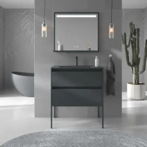 Meuble de salle de bain sur pieds 2 tiroirs SMILE avec vasque en Solid Surface GRAPHITE