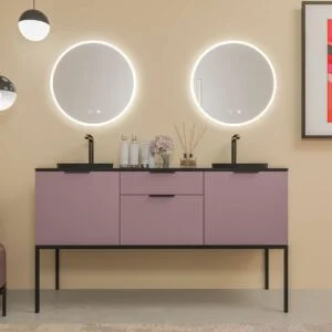 ELLA meuble de salle de bain sur pieds 2 tiroirs – 2 portes avec plan en SOLID SURFACE 2 vasques