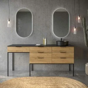 ELLA meuble de salle de bain sur pieds 6 tiroirs avec meuble en CHÊNE CLAIR avec plan en SOLID SURFACE vasque OSIRIS