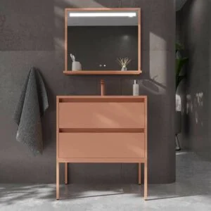 Meuble de salle de bain sur pieds 2 tiroirs SMILE avec vasque en Solid Surface ROUGE BEIGE