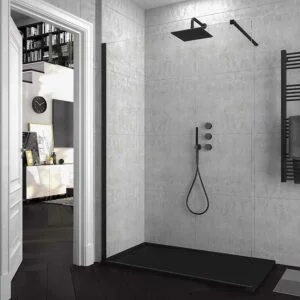 Paroi de douche fixe ZEN Profil Noir Mat - Verre 8 MM avec traitement anticalcaire inclus - Bras de fixation extensible en acier.