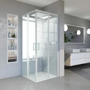 Cabine de douche carrée BASIC ouverture angulaire 2 fixes-2 portes coulissantes. Pas de profil inférieur. Avec traitement anti-calcaire Finition BLANC MAT.