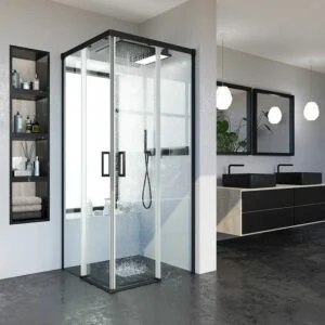 Cabine de douche carrée BASIC ouverture angulaire 2 fixes-2 portes coulissantes. Pas de profil inférieur. Avec traitement anti-calcaire Finition NOIR MAT