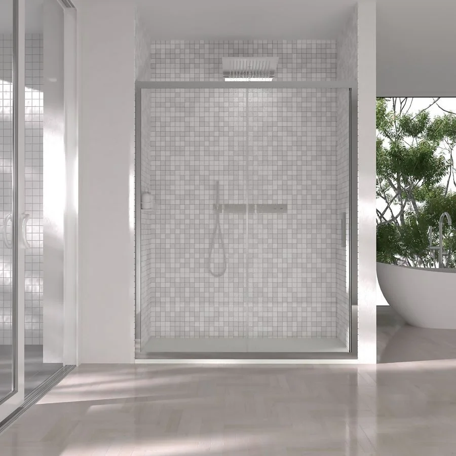 Paroi de douche frontale FRAME 1 fixe -1 porte coulissante. Finition CHROME BRILLANT