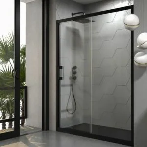 FRAME 1 paroi de douche frontale fixe - 1 porte coulissante en verre transparent. Finition NOIR MAT