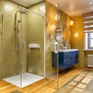 Cabine de douche carrée OPEN 1 fixe – 1 porte battante Fabrication sur mesure. BLANC MAT