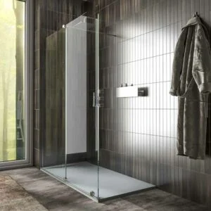 Paroi de douche ANDREA façade 1 porte fixe- 1 porte coulissante ouverte VERRE TRANSPARENT roulette inférieure. Finition CHROME BRILLANT