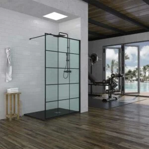 Paroi de douche fixe industrielle décorée ZEN - Verre 8MM - Traitement anticalcaire inclus - Bras de sécurité inclus. STALLES