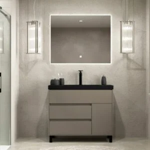 Meuble de salle de bain sur pieds 3 tiroirs / 1 porte finition CARMEN TOPO