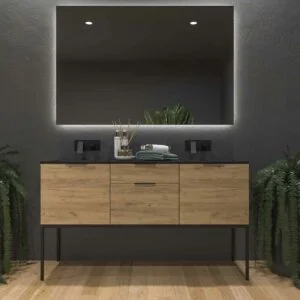 ELLA meuble de salle de bain sur pieds 2 tiroirs – 2 portes avec plan en SOLID SURFACE 2 vasques CHÊNE CLAIR
