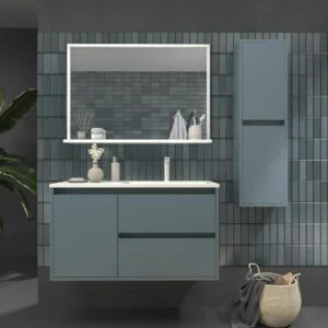 Meuble de salle de bain suspendu 2 tiroirs / 1 porte CLAIRE avec vasque en Solid Surface BLEU GRIS