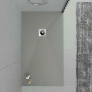 Receveur de douche en résine ONE Gris Ciment RAL 7005 et autres couleurs avec texture ardoise antibactérienne et antidérapante. grille en acier inoxydable