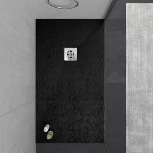 Receveur de douche en résine ONE Noir RAL 9005 et autres couleurs avec texture ardoise antibactérienne et antidérapante. grille en acier inoxydable