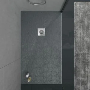 Receveur de douche en résine ONE Gris Anthracite RAL 7016 et autres couleurs avec texture ardoise antibactérienne et antidérapante. grille en acier inoxydable