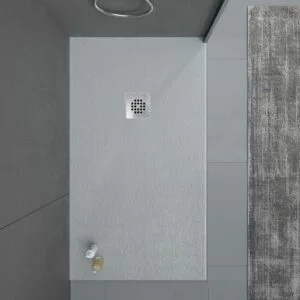 Receveur de douche en résine ONE Gris RAL 7040 et autres couleurs avec texture ardoise antibactérienne et antidérapante. grille en acier inoxydable