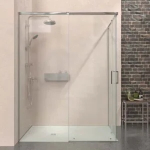 Paroi de douche rectangulaire AXER 2 fixes – 2 portes coulissantes en verre 6 mm. ACIER INOXIDABLE