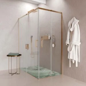 Paroi de douche rectangulaire AXER 2 fixes – 2 portes coulissantes en verre 6 mm. INOX finition CUIVRE