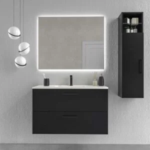 Meuble de salle de bain suspendu NEXO 2 tiroirs profondeur réduite 40 cm laqué mat avec vasque en porcelaine NOIR