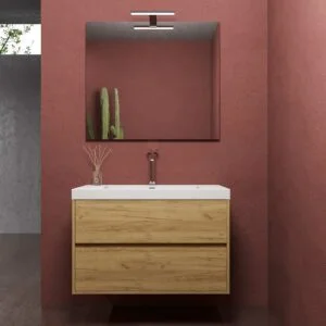 Meuble de salle de bain suspendu 2 tiroirs CARMEN avec vasque en résine finition CHÊNE CLAIR