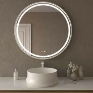 Miroir rond LOUNGE avant à led avec capteur tactile et anti-buée – BLANC MAT Aluminium