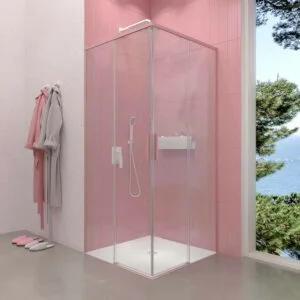 Paroi de douche carrée NEXO ouverture angulaire 2 fixes-2 portes coulissantes finition PALO ROSE