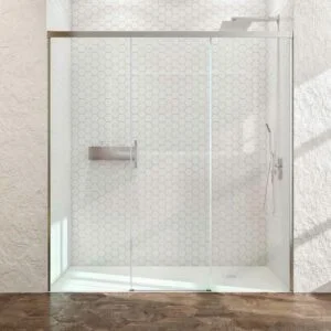 Cabine de douche frontale BASIC 2 fixes – 1 porte centrale coulissante. CHROMÉ BRILLANT