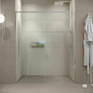 Paroi de douche frontale PETRA 1 fixe – 1 porte vitrée coulissante 6 mm. Acier inoxidable