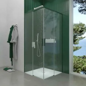 Cabine de douche carrée NEXO ouverture angulaire 2 fixes-2 portes coulissantes finition VERT OLIVE