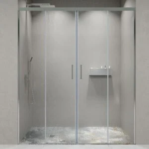 Paroi de douche frontale BASIC 2 fixes -2 portes coulissantes. Pas de profil inférieur. Avec traitement anti-calcaire. Finition CHROME BRILLANT