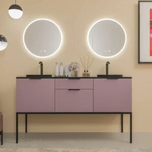 ELLA meuble de salle de bain sur pieds 2 tiroirs – 2 portes avec plan en SOLID SURFACE 2 vasques
