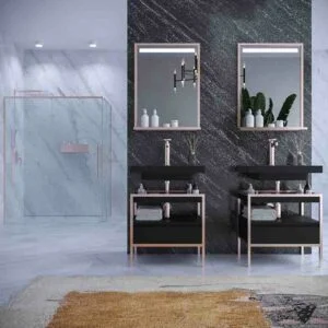 INDEX meuble de salle de bain avec structure sur pieds vasque suspendue 1 tiroir NOIR-OR ROSE