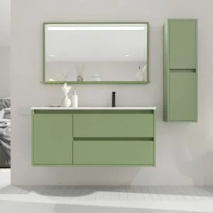 Meuble de salle de bain suspendu 2 tiroirs / 1 porte CLAIRE avec vasque en Solid Surface VERDE RESEDA