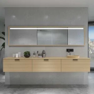 Meuble de salle de bain suspendu HOLE avec 3 tiroirs, finition CREAM, avec plan SOLID SURFACE, vasque semi-encastrée Osiris
