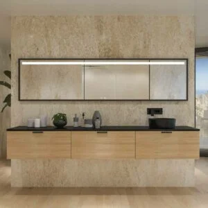 Meuble de salle de bain suspendu HOLE avec 3 tiroirs finition CHÊNE FRANÇAIS avec plan SOLID SURFACE vasque Osiris NOIR MAT