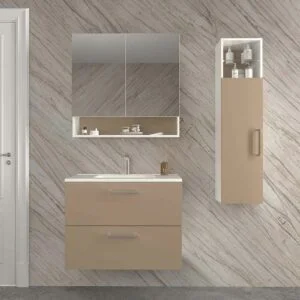 Meuble de salle de bain suspendu NEXO 2 tiroirs profondeur réduite 40 cm laqué mat avec lavabo en porcelaine MOKA