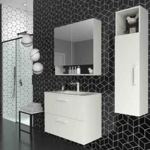 Meuble de salle de bain suspendu NEXO 2 tiroirs profondeur réduite 40 cm laqué mat avec vasque en porcelaine BLANC