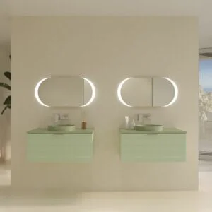 Meuble de salle de bain suspendu HOLE 1 tiroir finition VERDE OPALO avec vasque semi-encastrée à poser SOLID SURFACE VERDE PALIDO