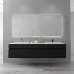 Meuble de salle de bain suspendu DUNE avec pieds 6 tiroirs et plateau 2 vasques en SOLID SURFACE