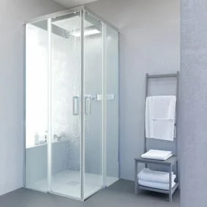 Cabine de douche carrée BASIC ouverture angulaire 2 fixes-2 portes coulissantes. Pas de profil inférieur. Avec traitement anti-calcaire Finition CHROME BRILLANT.