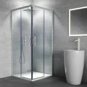 Cabine de douche carrée FLARE ouverture angulaire 2 fixes-2 portes coulissantes. Pas de profil inférieur. Avec traitement anti-calcaire. Fini BLANC MAT