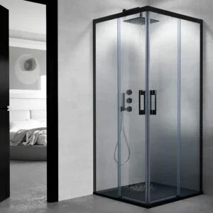 Cabine de douche carrée FLARE ouverture angulaire 2 fixes-2 portes coulissantes. Pas de profil inférieur. Avec traitement anti-calcaire. Finition NOIR MAT
