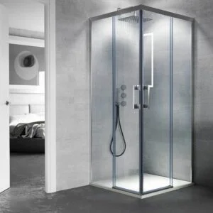Cabine de douche carrée FLARE ouverture angulaire 2 fixes-2 portes coulissantes. Pas de profil inférieur. Avec traitement anti-calcaire. Finition CHROME BRILLANT