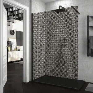 Paroi de douche fixe ZEN avec SÉRIGRAPHIE. Avec traitement anti-calcaire. finition noir mat