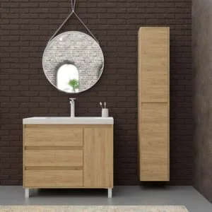 Meuble de salle de bain sur pieds 3 tiroirs / 1 porte supérieure CARMEN finition CHÊNE CLAIR